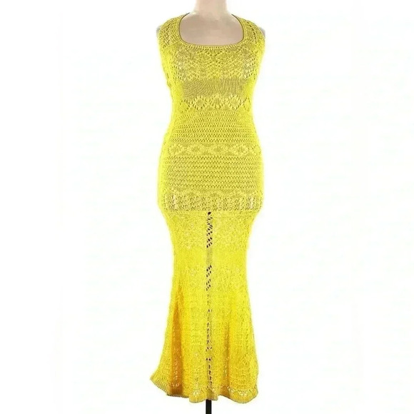 ALEXIS Crochet Maxi Dress Yellow L Sleeveless Cutout Coverup Bodycon Knit $825 - Picture 10 of 10